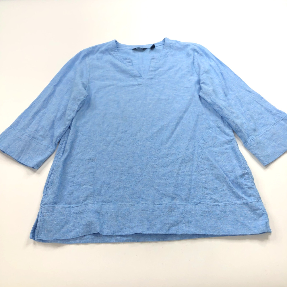 Lands End Linen Blend Medium Tunic Long Sleeve Dress Pullover Top Blouse Blue